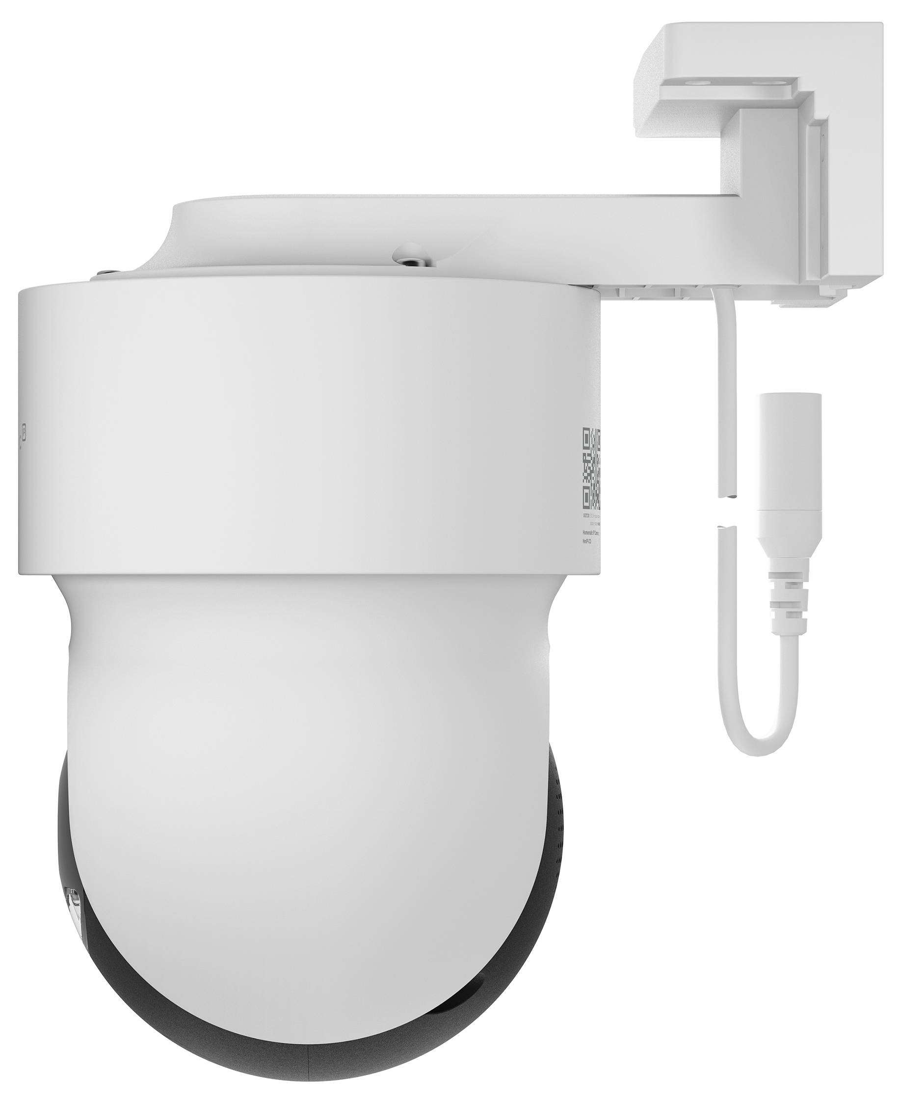 Caméra de sécurité blanche sur un support mural avec un boîtier inférieur noir et un câble attaché, présentée sur un fond neutre.