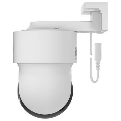 Caméra de sécurité blanche sur un support mural avec un boîtier inférieur noir et un câble attaché, présentée sur un fond neutre.