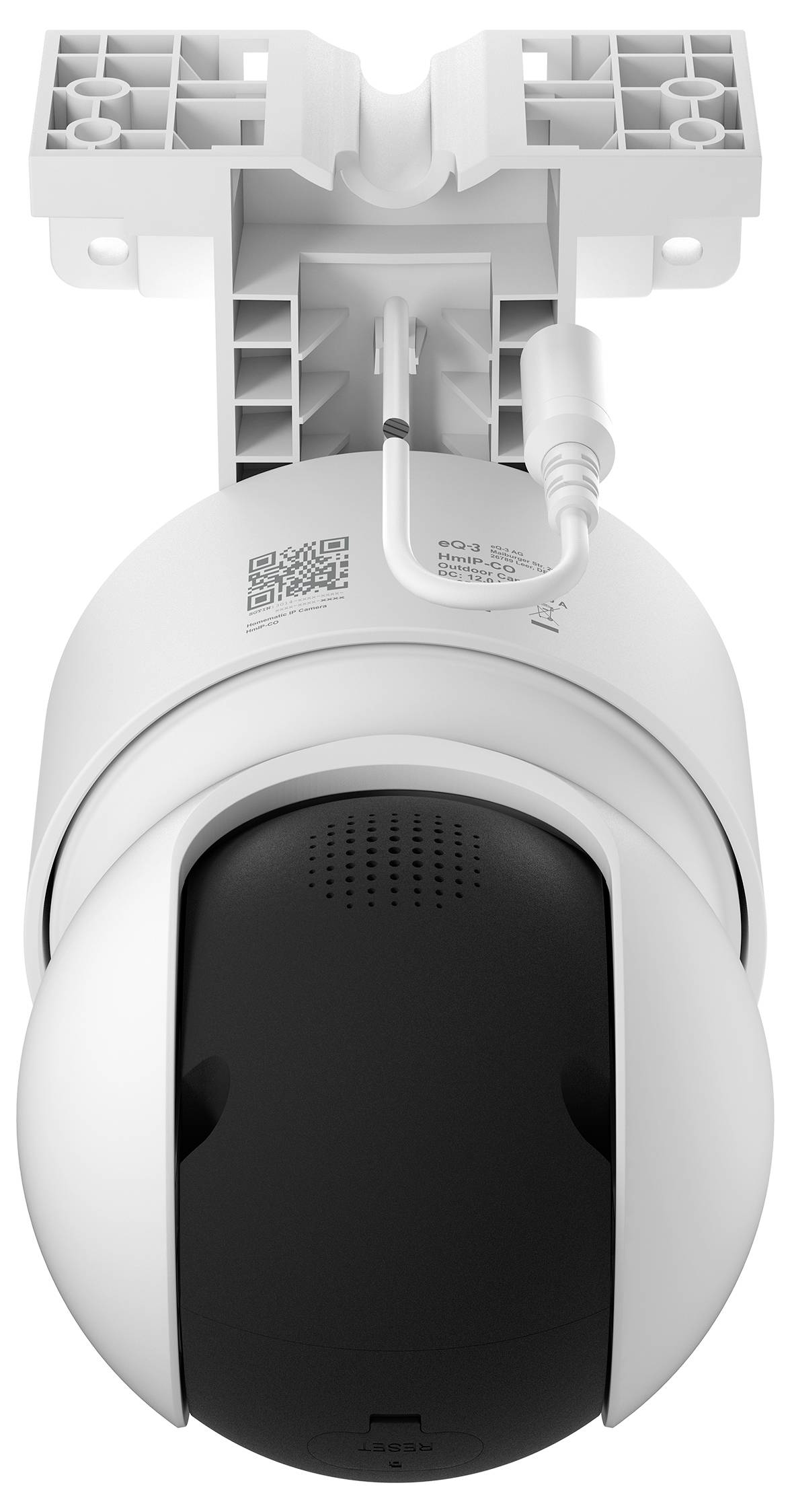 Appareil cylindrique blanc avec un long tube vertical et une base rectangulaire sur roulettes, présenté en vue latérale sur un fond blanc.