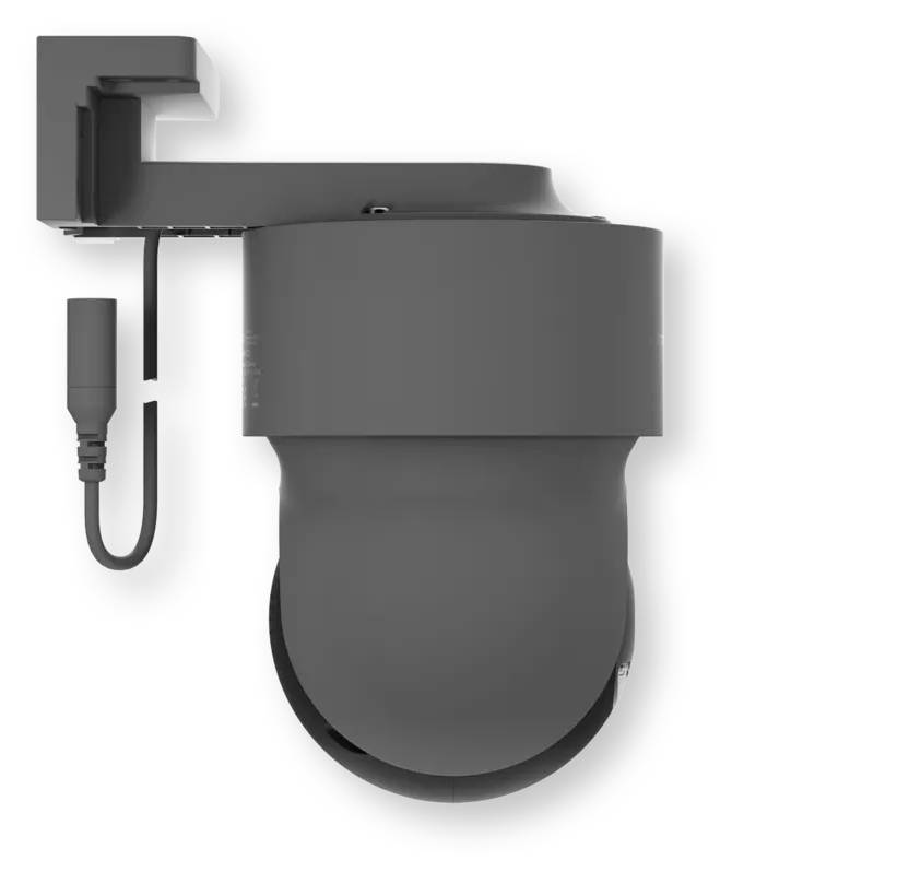 Caméra de sécurité à dôme gris foncé avec support mural et câble attaché sur fond blanc.