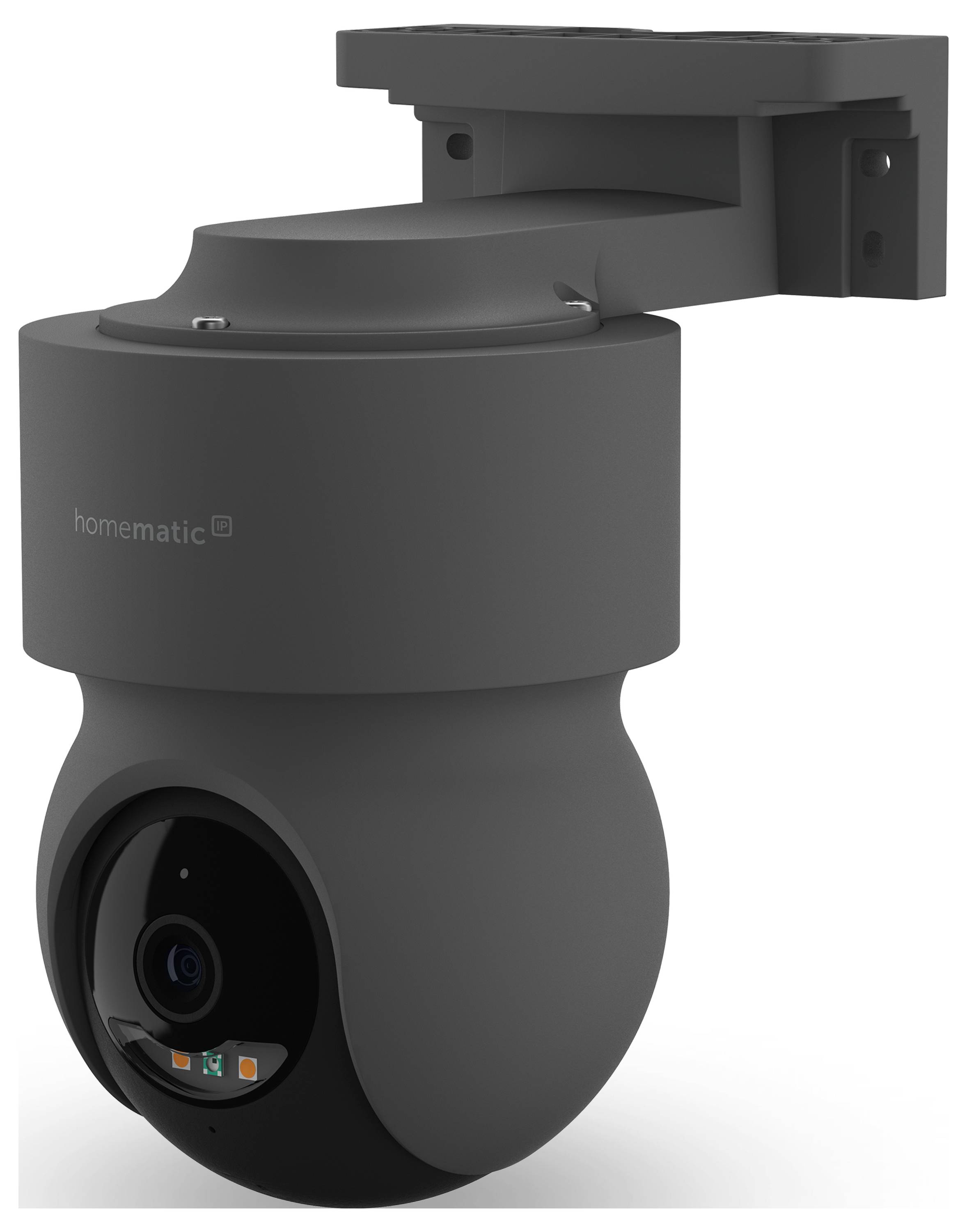 Caméra de sécurité Black Homatic avec un boîtier dôme arrondi et un support mural ou de plafond, présentée sur un fond blanc.