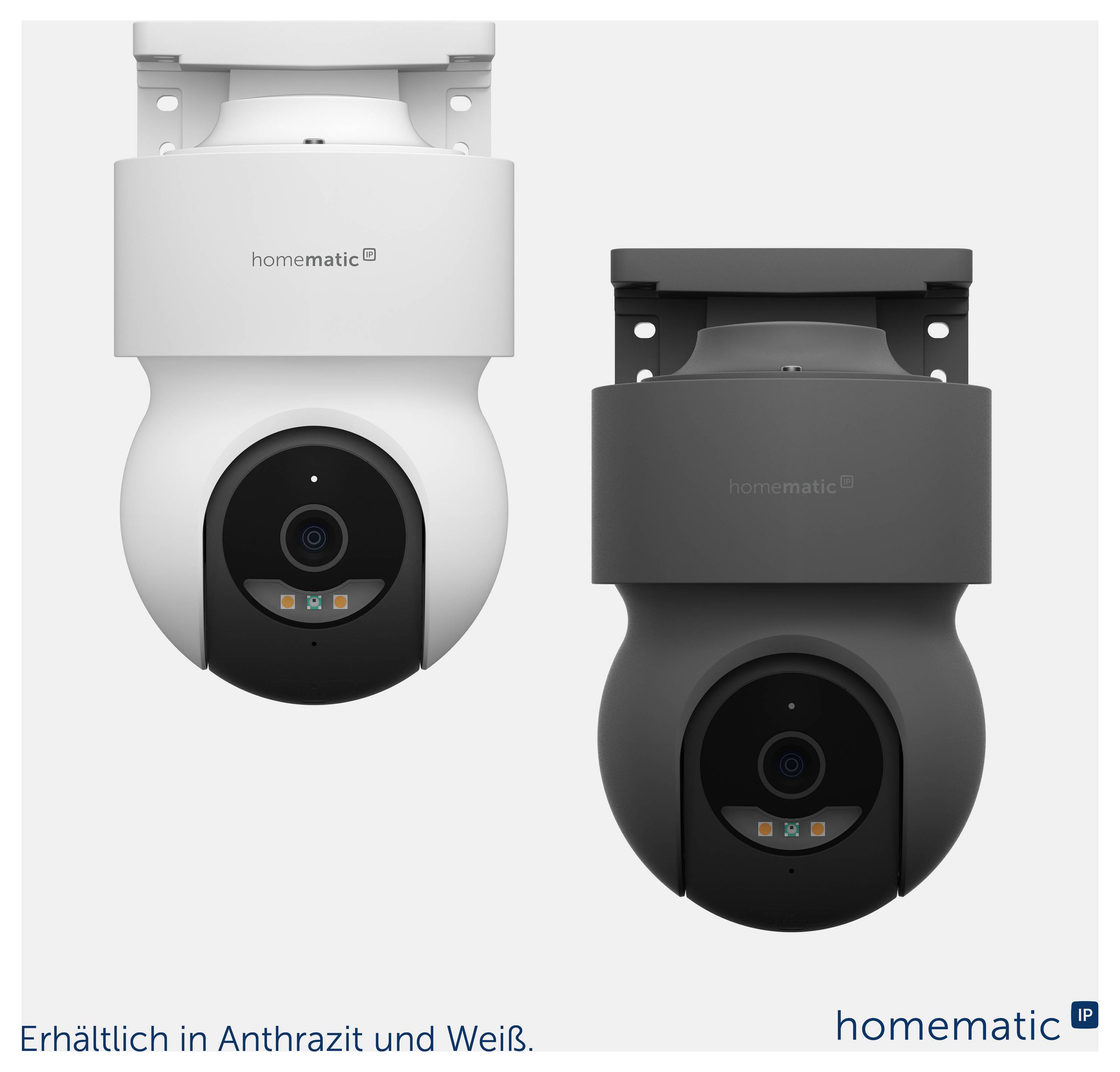 Image produit d'une caméra de sécurité intérieure Homematic IP présentée en blanc et anthracite, avec le texte « Disponible en anthracite et blanc. »