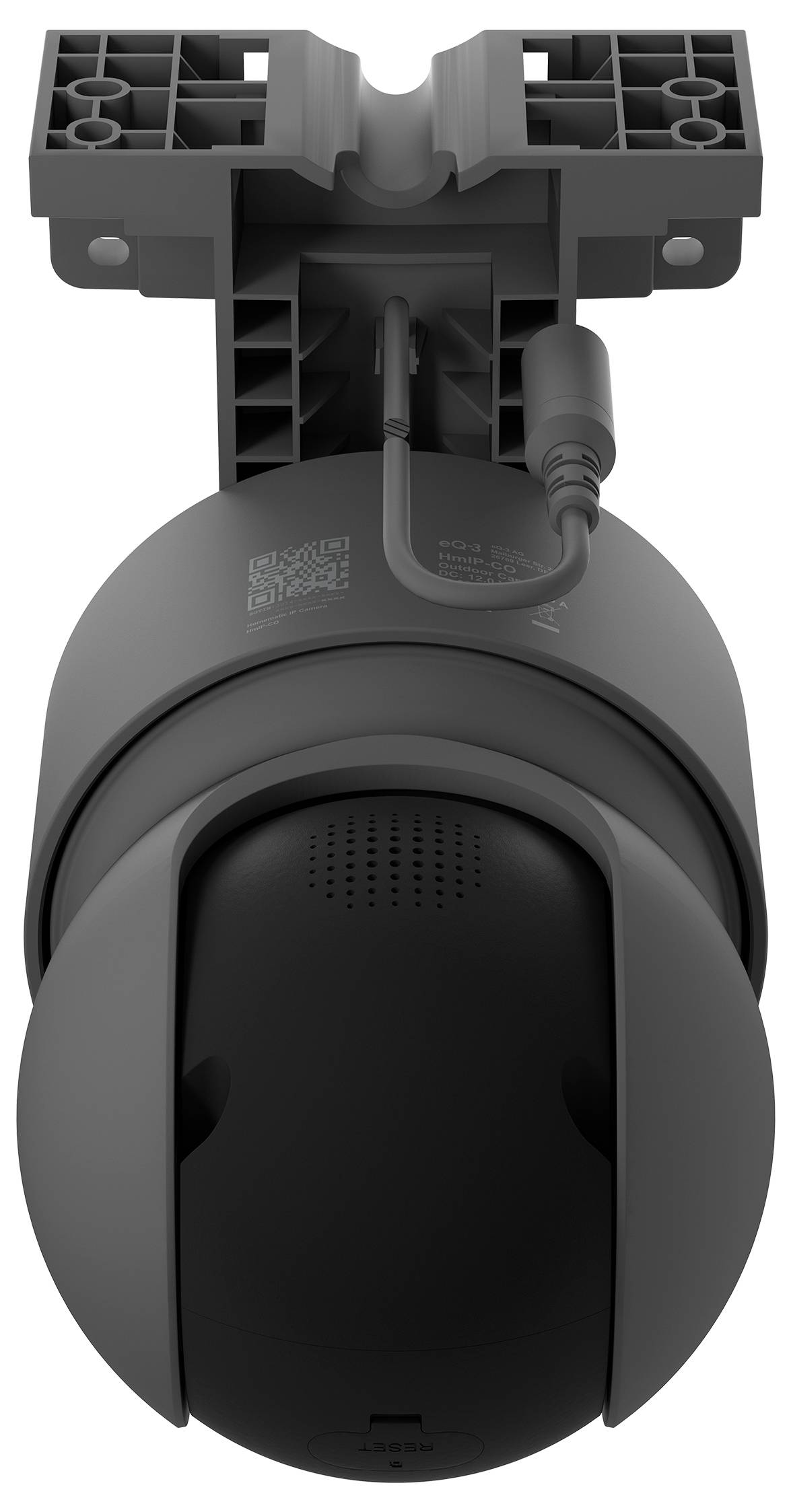 Caméra de sécurité noire montée en applique avec un support et un câble connecté, présentée de face en angle.