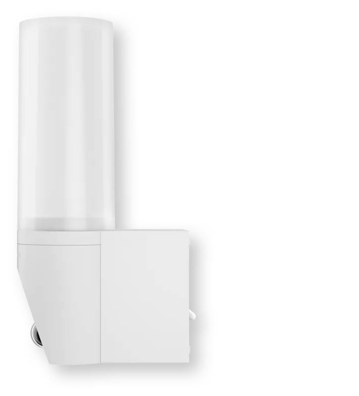 Distributeur cylindrique blanc monté au mur avec une base rectangulaire, présenté sur un fond blanc uni.