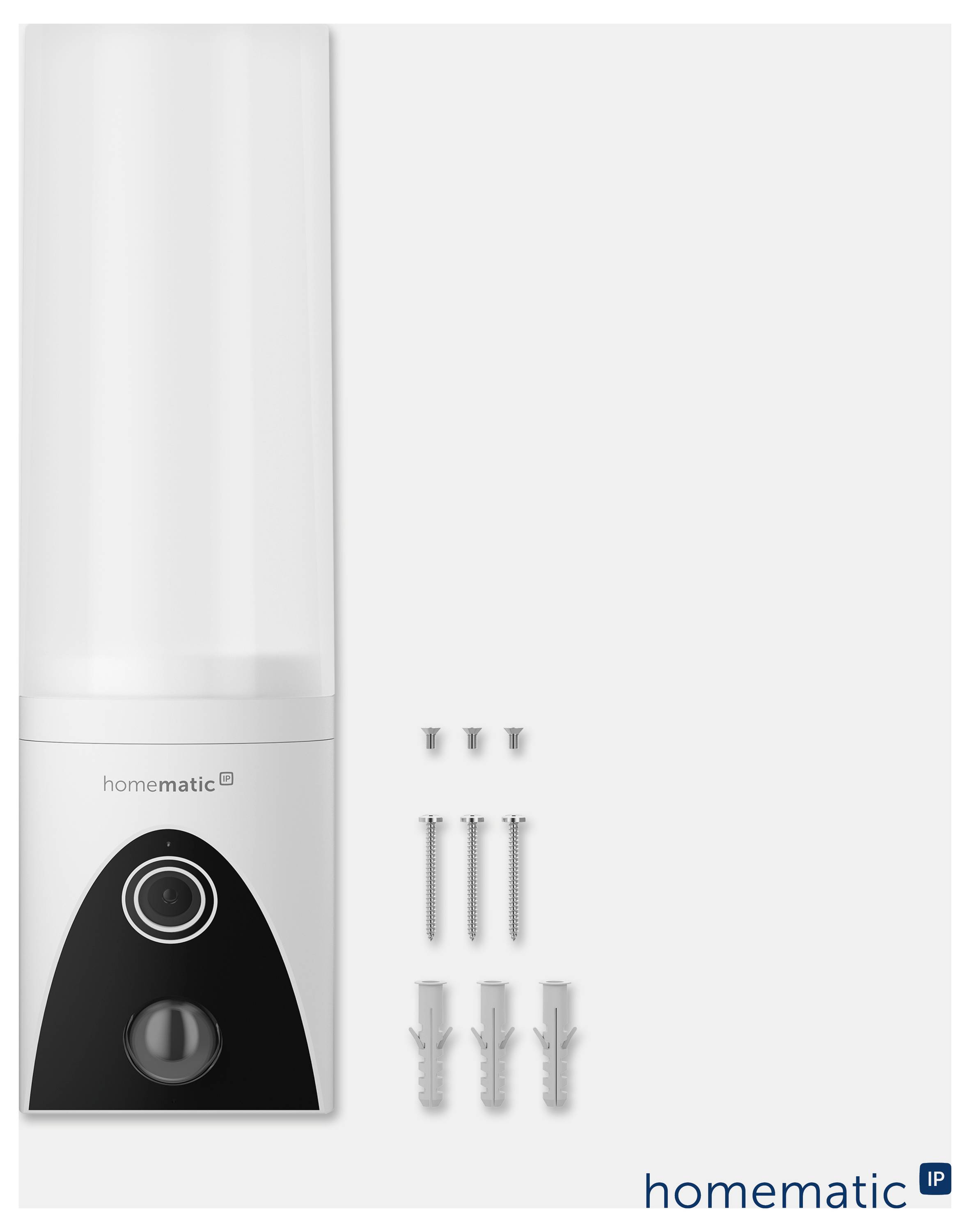 Appareil de maison intelligente mural Homematic IP présenté à côté des vis de montage incluses et des chevilles murales sur un fond blanc.