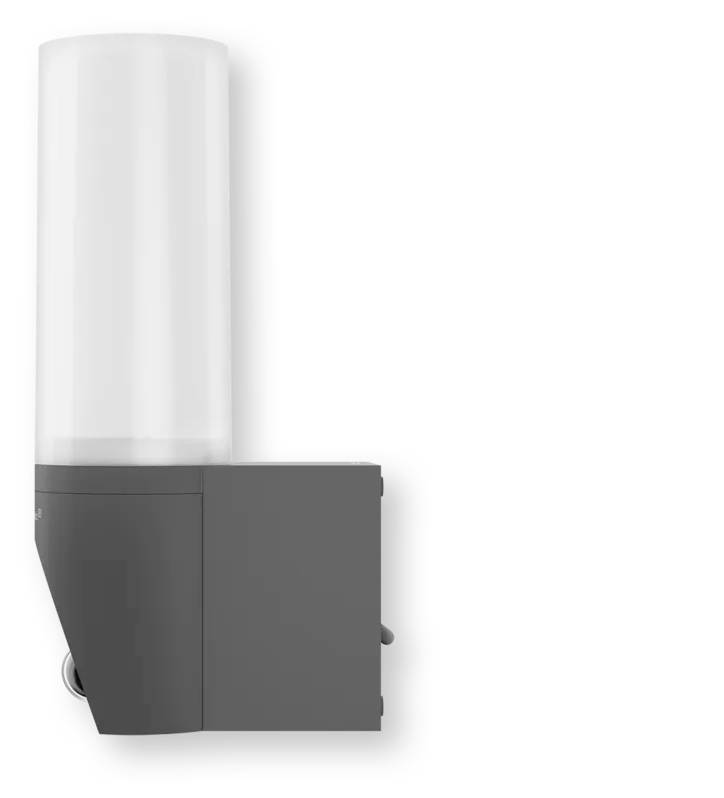 Distributeur gris monté au mur avec un réservoir cylindrique transparent, présenté sur un fond blanc.
