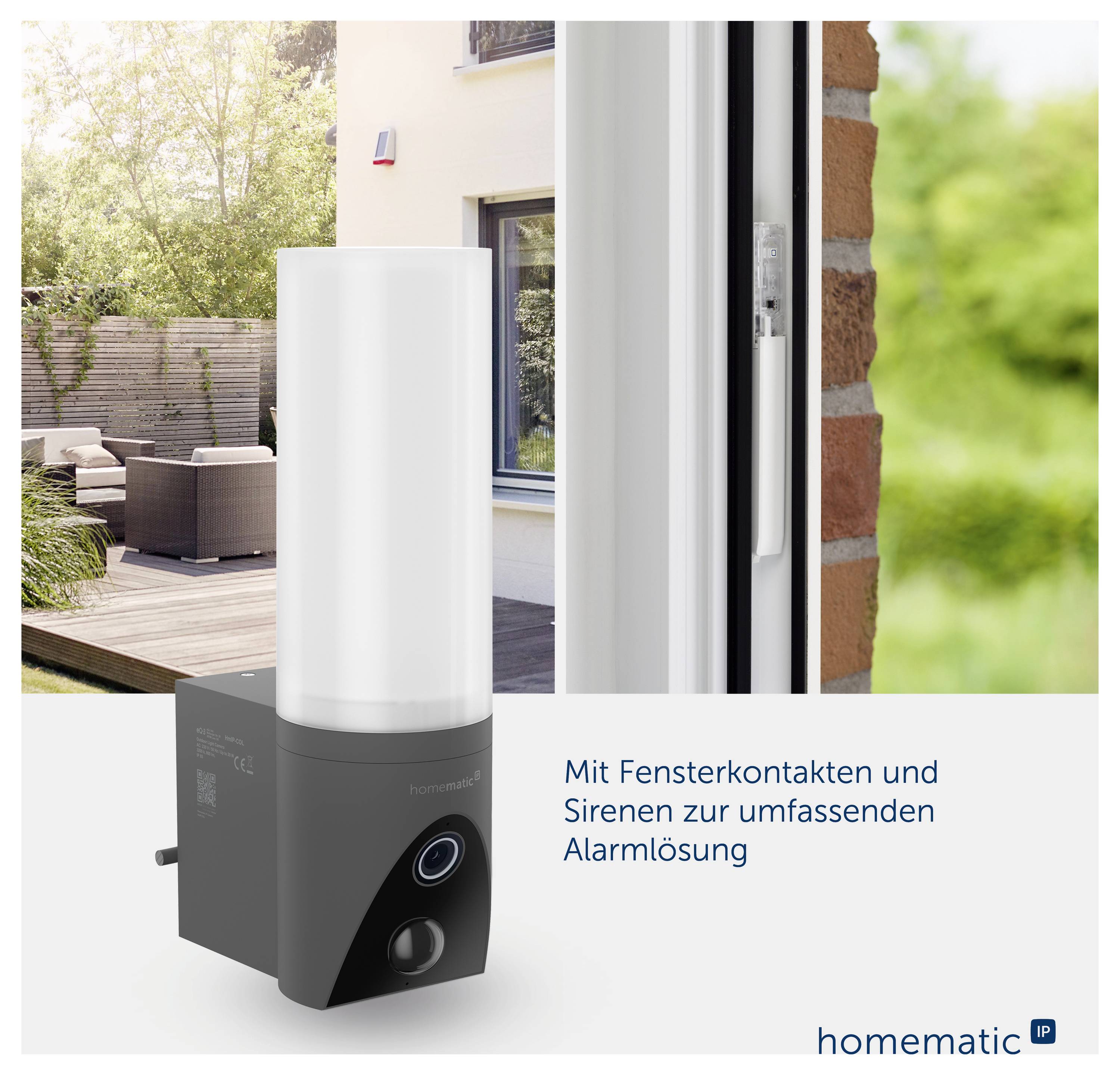 Graphique publicitaire pour une alarme HomeMatic : capteur sur le cadre de fenêtre au premier plan, à côté le texte « Avec des contacts de fenêtres et des sirènes pour une solution d'alarme complète » et le logo HomeMatic IP.