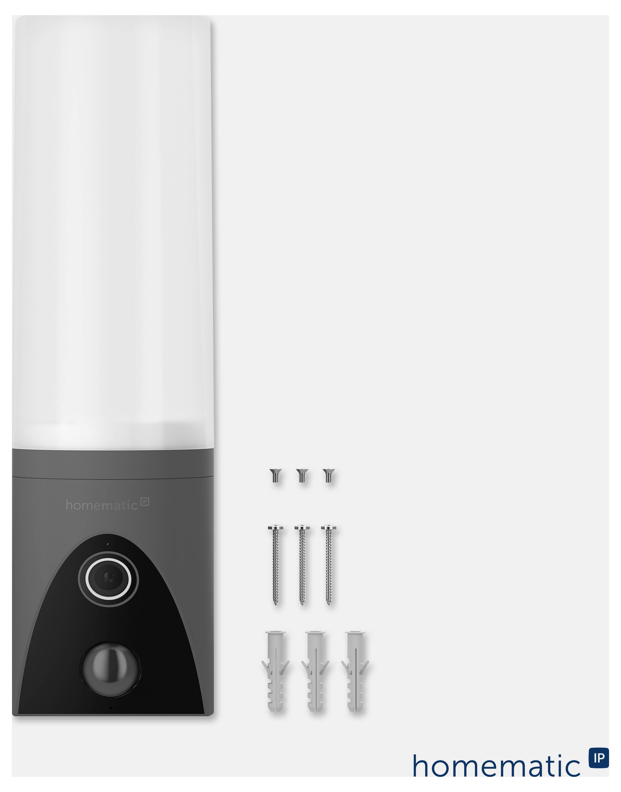 Appareil mural domotique Homematic IP montré avec trois vis et chevilles pour l'installation sur un fond blanc.