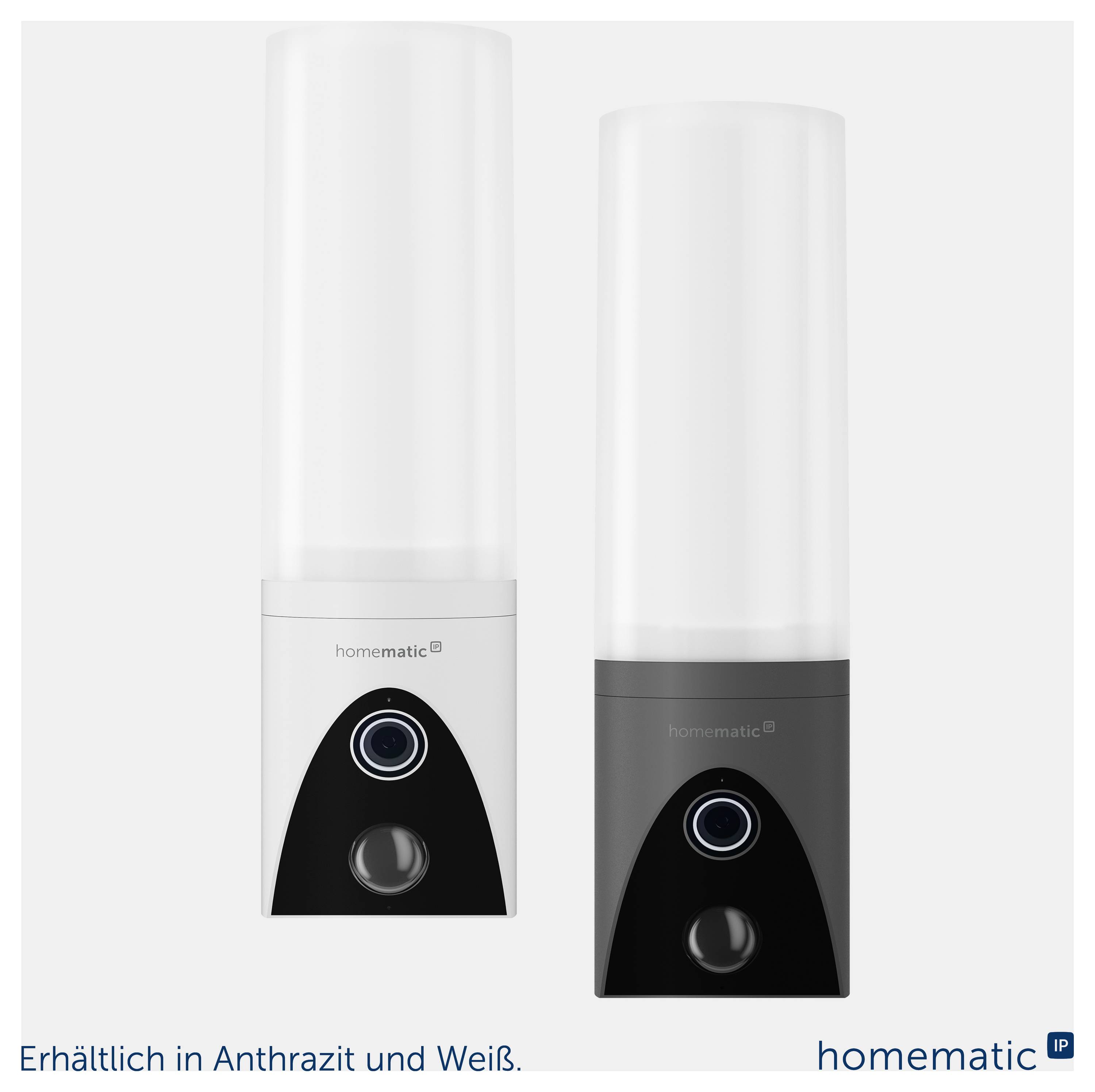 Deux appareils cylindriques Homematic IP affichés côte à côte, l'un blanc et l'autre anthracite, avec le texte « Disponible en anthracite et blanc. »