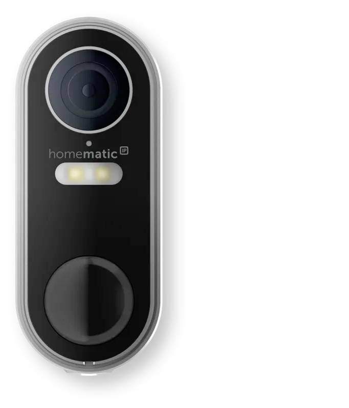 Sonnette vidéo intelligente Homematic noire avec objectif de caméra, voyants LED et bouton rond sur un fond blanc.