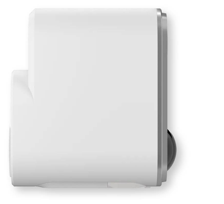 Vue latérale d'un appareil blanc monté sur le mur avec un bouton arrondi saillant sur la droite.