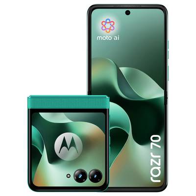 Deux téléphones Motorola Razr, l'un ouvert affichant l'écran d'accueil « moto ai » et l'autre fermé avec des caméras arrière doubles et un écran externe.