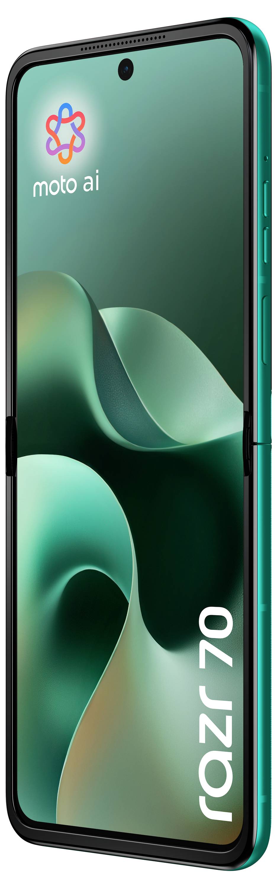 Un smartphone Motorola affichant le logo Moto AI sur un fond d'écran abstrait vert avec le texte « razr 70 » à l'écran.