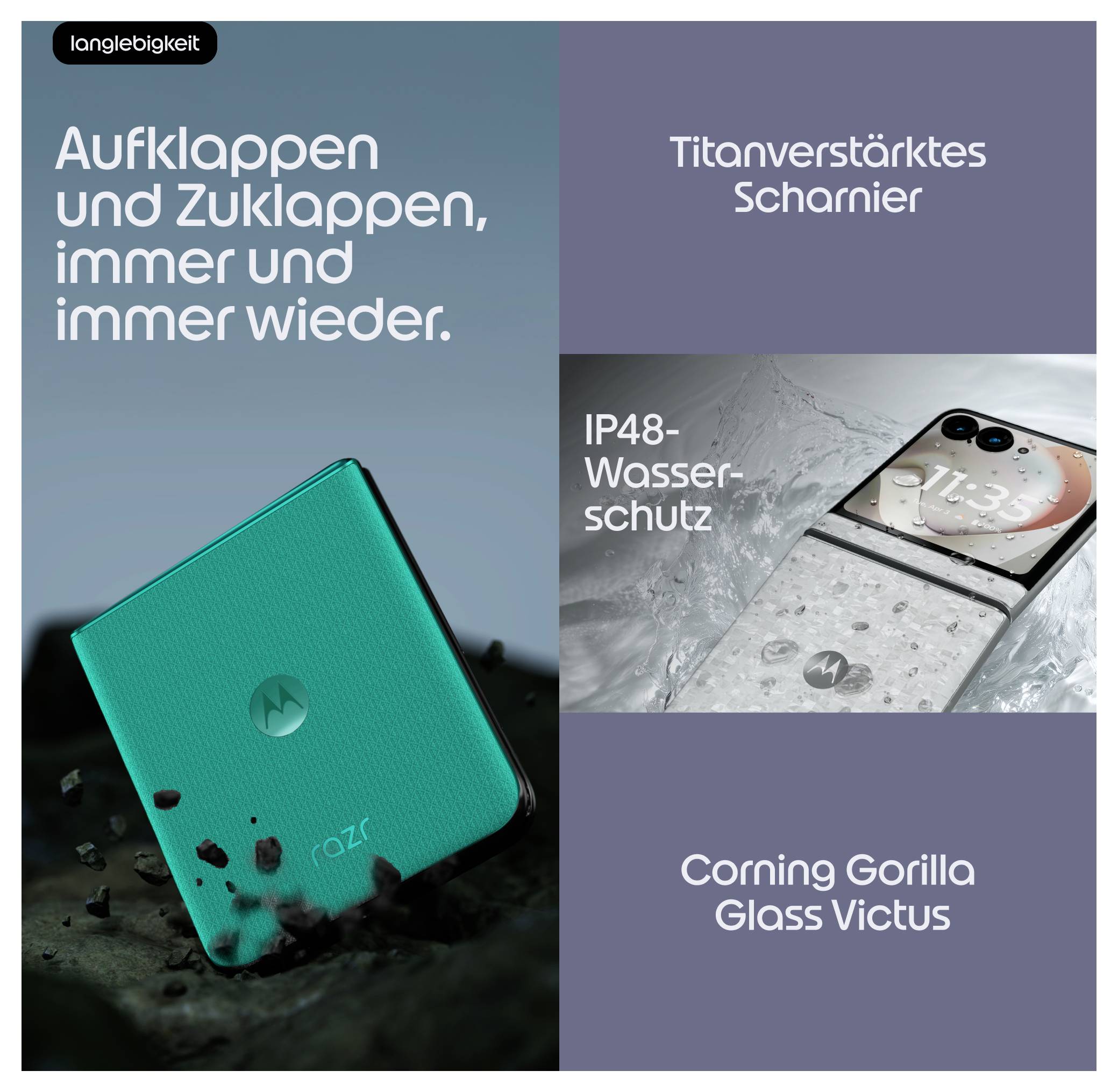 Téléphone Motorola razr pliable - Annonce mettant en avant la durabilité : charnière en titane, résistance à l'eau IP48, et Corning Gorilla Glass Victus, avec le texte français « Ouvrir et fermer, encore et encore. »