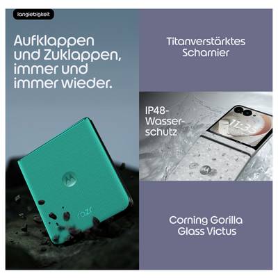 Téléphone Motorola razr pliable - Annonce mettant en avant la durabilité : charnière en titane, résistance à l'eau IP48, et Corning Gorilla Glass Victus, avec le texte français « Ouvrir et fermer, encore et encore. »