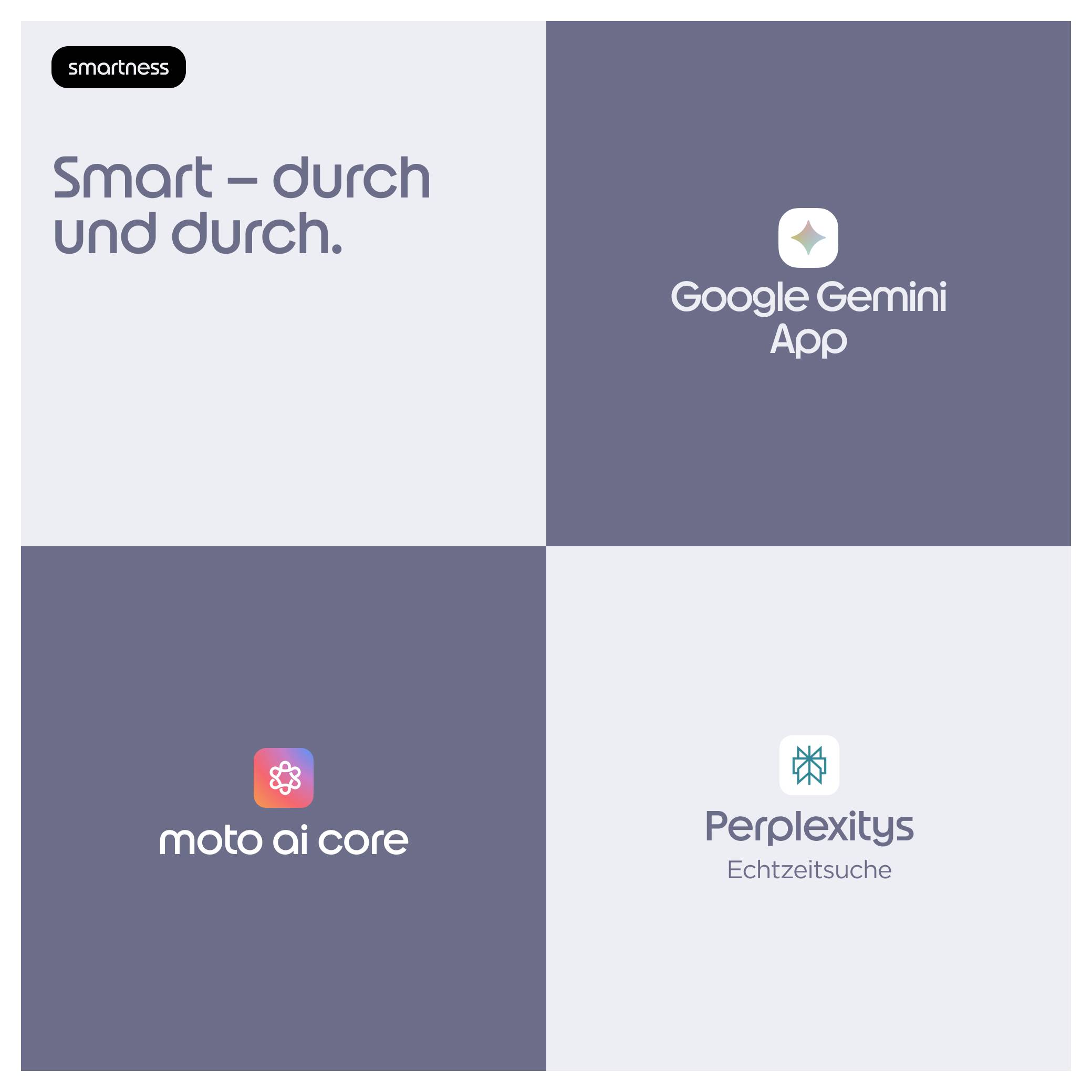 Quadrant comparatif des applications d'IA : « Google Gemini App », « moto ai core », et « Perplexity Recherche en temps réel », avec le slogan « Intelligent – de part en part. »