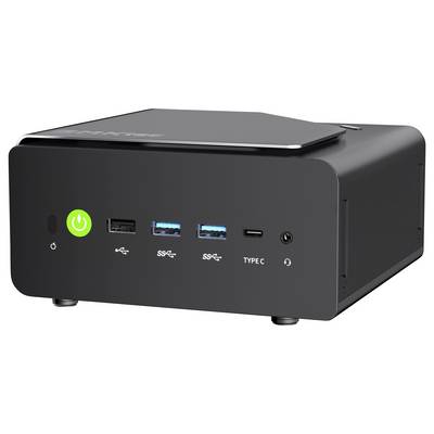 Mini PC de bureau noir avec bouton d'alimentation frontal, deux ports USB-A, un port USB-C et une prise audio sur le panneau frontal.