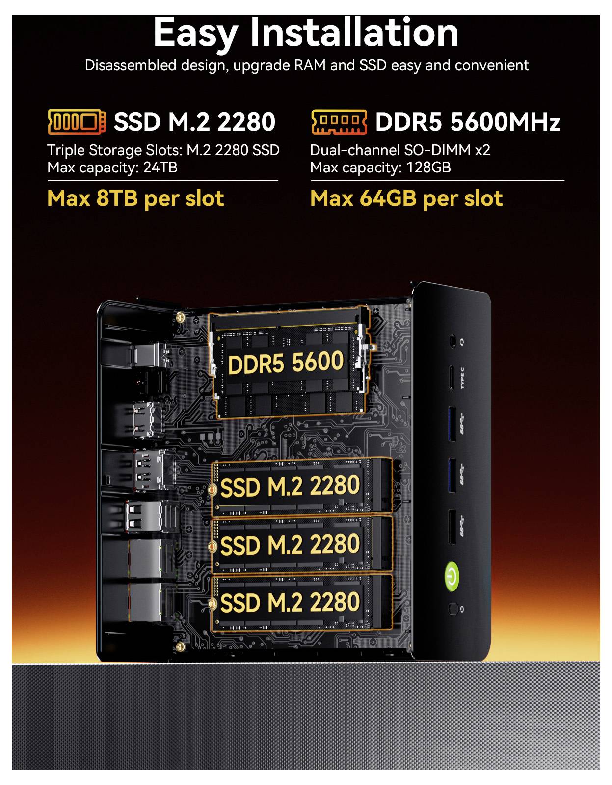 Diagramme promotionnel d'un mini PC montrant une installation facile, avec RAM DDR5 5600MHz et trois emplacements SSD M.2 2280 ; maximum 64 Go de RAM et 8 To par emplacement.