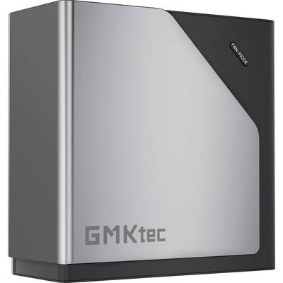 Tour mini PC compacte GMKtec en gris et noir avec l'étiquette « FAN MODE » et le logo GMKtec sur le devant.