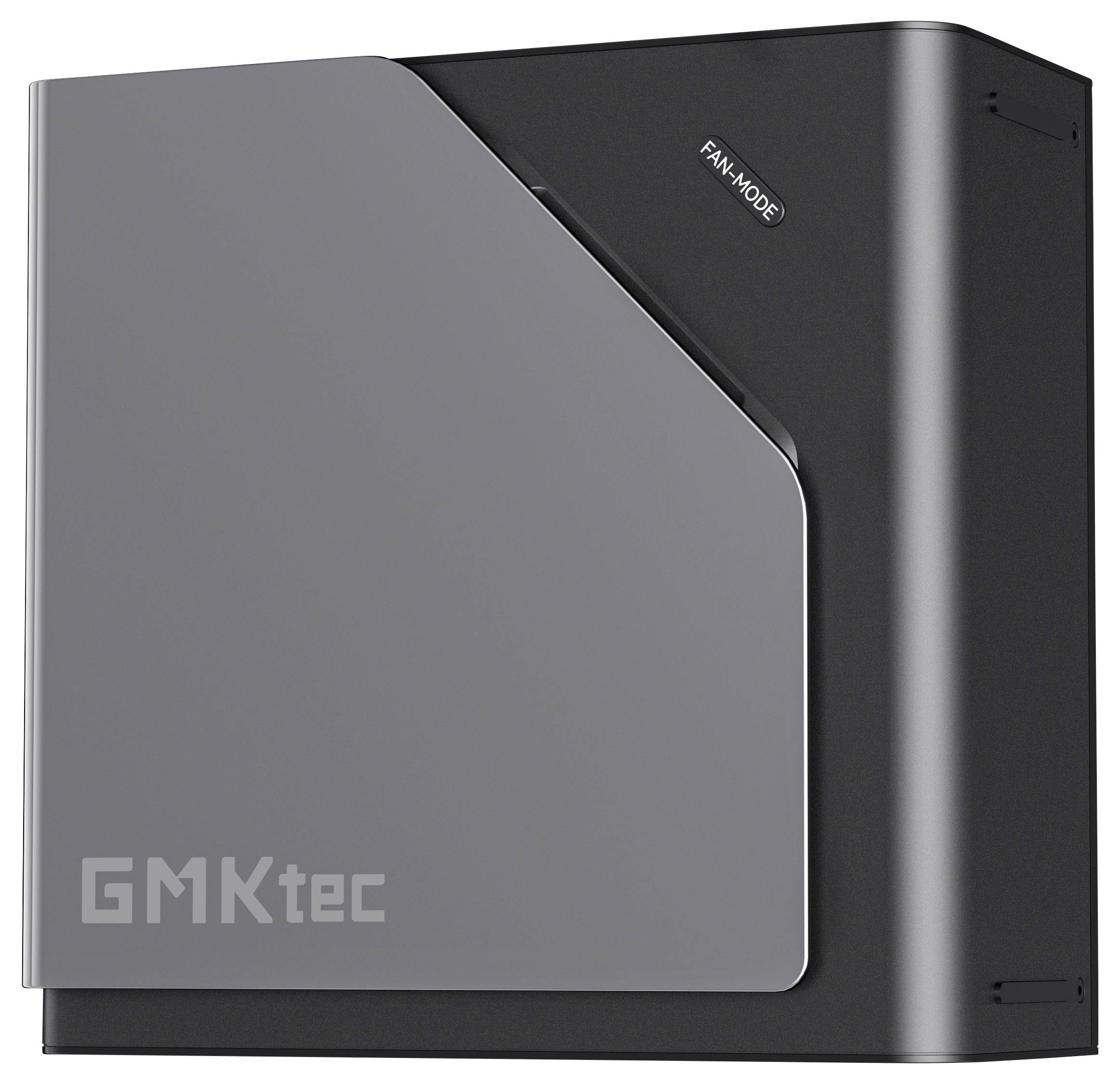 Boîtier informatique compact GMKtec gris et noir présenté dans une vue latérale de style produit, avec l'étiquette « FAN MODE » et le logo sur le panneau avant.