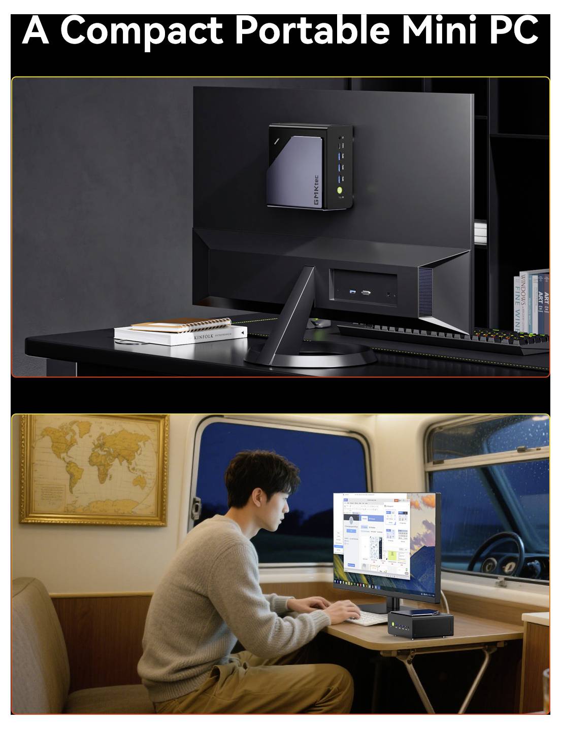 Publicité montrant un mini PC portable compact à côté d'un moniteur, et un homme utilisant le petit ordinateur à un bureau à l'intérieur d'une cabine de train ou d'autobus.