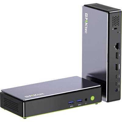 Deux mini-ordinateurs GNrtec noirs sont présentés, l'un en position verticale et l'autre en position horizontale, avec les ports USB frontaux, audio et d'alimentation visibles.