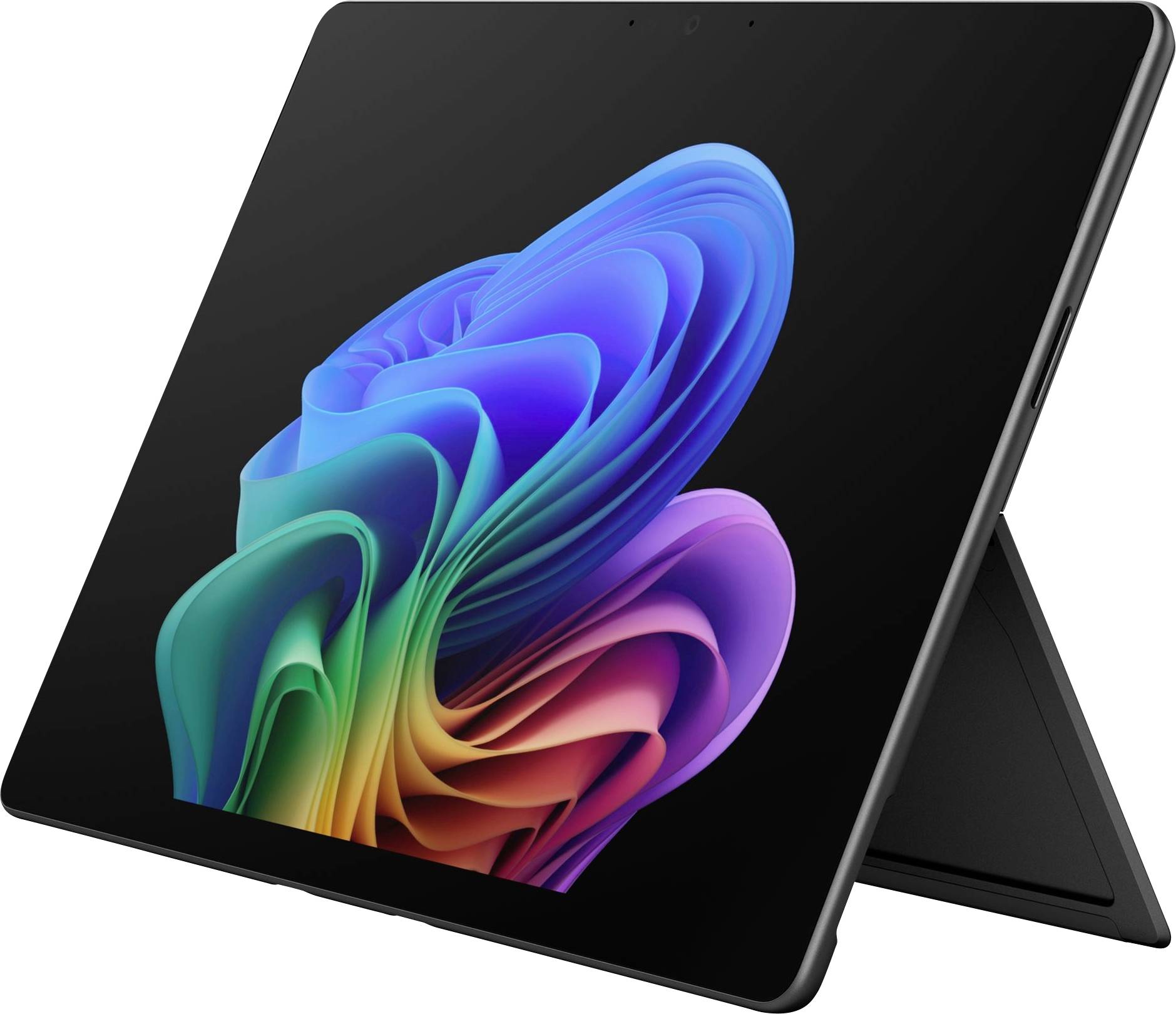 Tablette noire dans un étui avec support, affichant un tourbillon abstrait coloré sur l'écran, présenté sous une vue en angle.