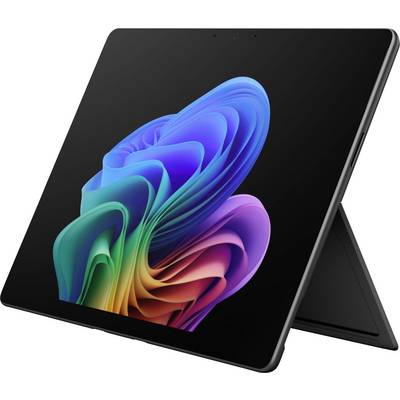 Tablette noire dans un étui avec support, affichant un tourbillon abstrait coloré sur l'écran, présenté sous une vue en angle.