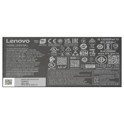 Adaptateur secteur Lenovo 140W avec étiquette indiquant les spécifications d'alimentation, les logos de certification, les détails du modèle, les codes QR et le texte réglementaire.