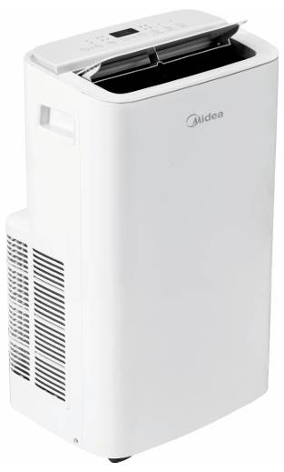 Climatiseur portable Midea blanc avec commandes supérieures et grille de ventilation latérale, présenté sur un fond blanc.
