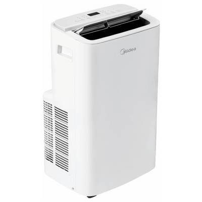 Climatiseur portable Midea blanc avec commandes supérieures et grille de ventilation latérale, présenté sur un fond blanc.