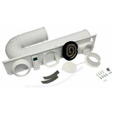 Kit de ventilation HVAC avec conduit blanc flexible, panneau d'aération murale, adaptateurs circulaires, unité de commande, colliers et quincaillerie de montage disposés sur un fond blanc.