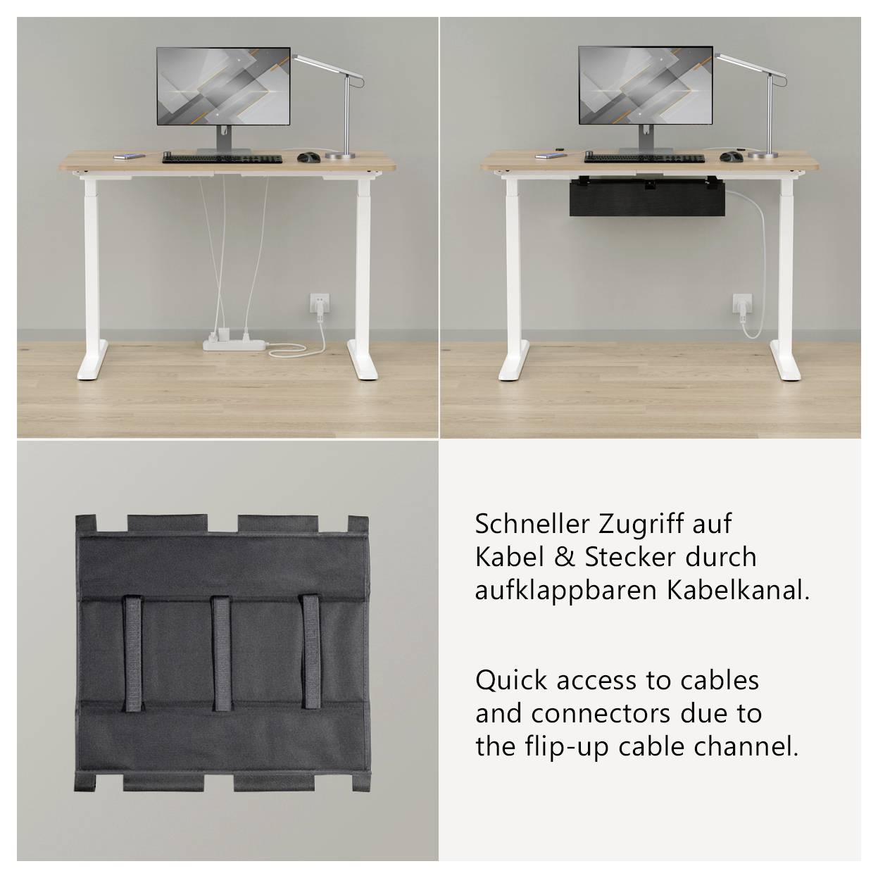 Bureau avec canal de câbles relevable pour un accès rapide aux câbles et connecteurs ; ci-dessous, le canal fermé est visible sur le bureau.