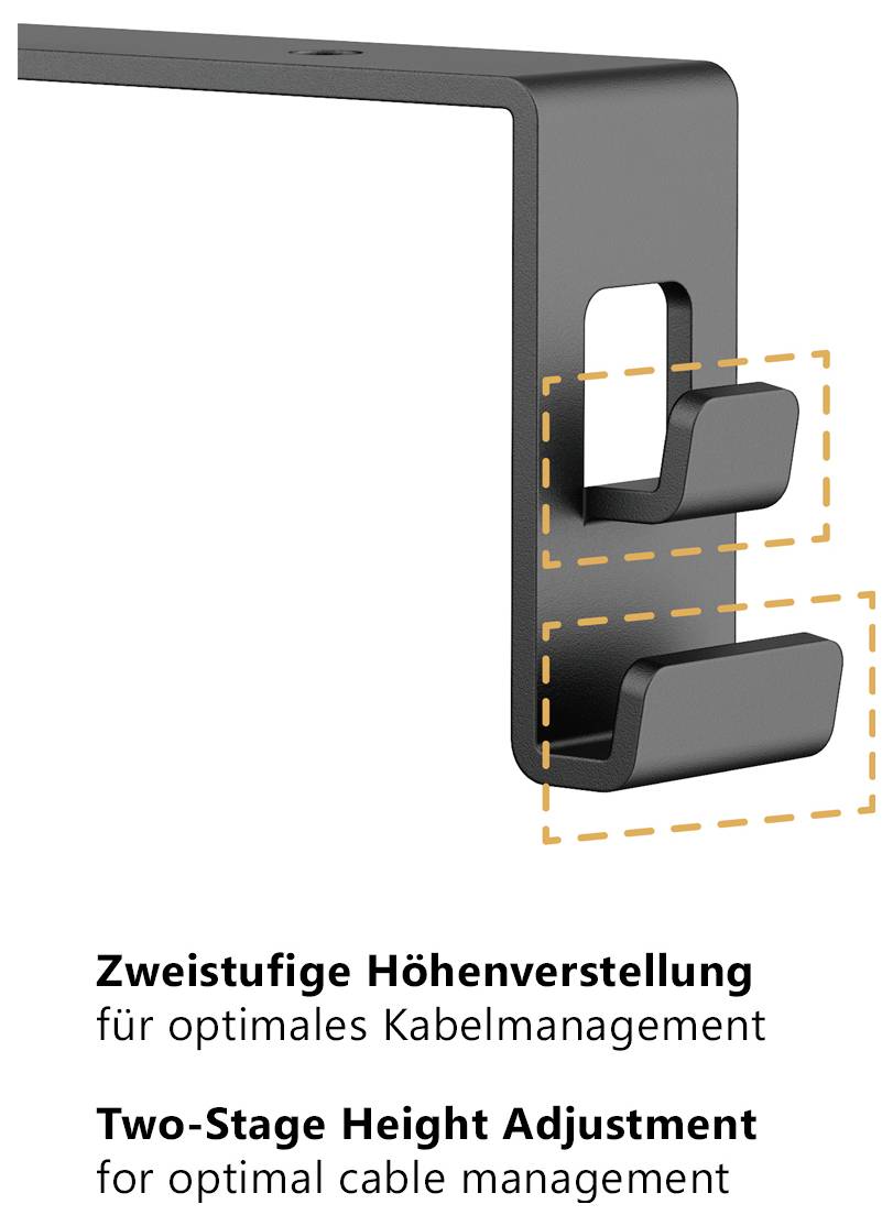 Support de moniteur noir avec réglage de la hauteur en deux étapes ; deux positions marquées pour une gestion optimale des câbles.