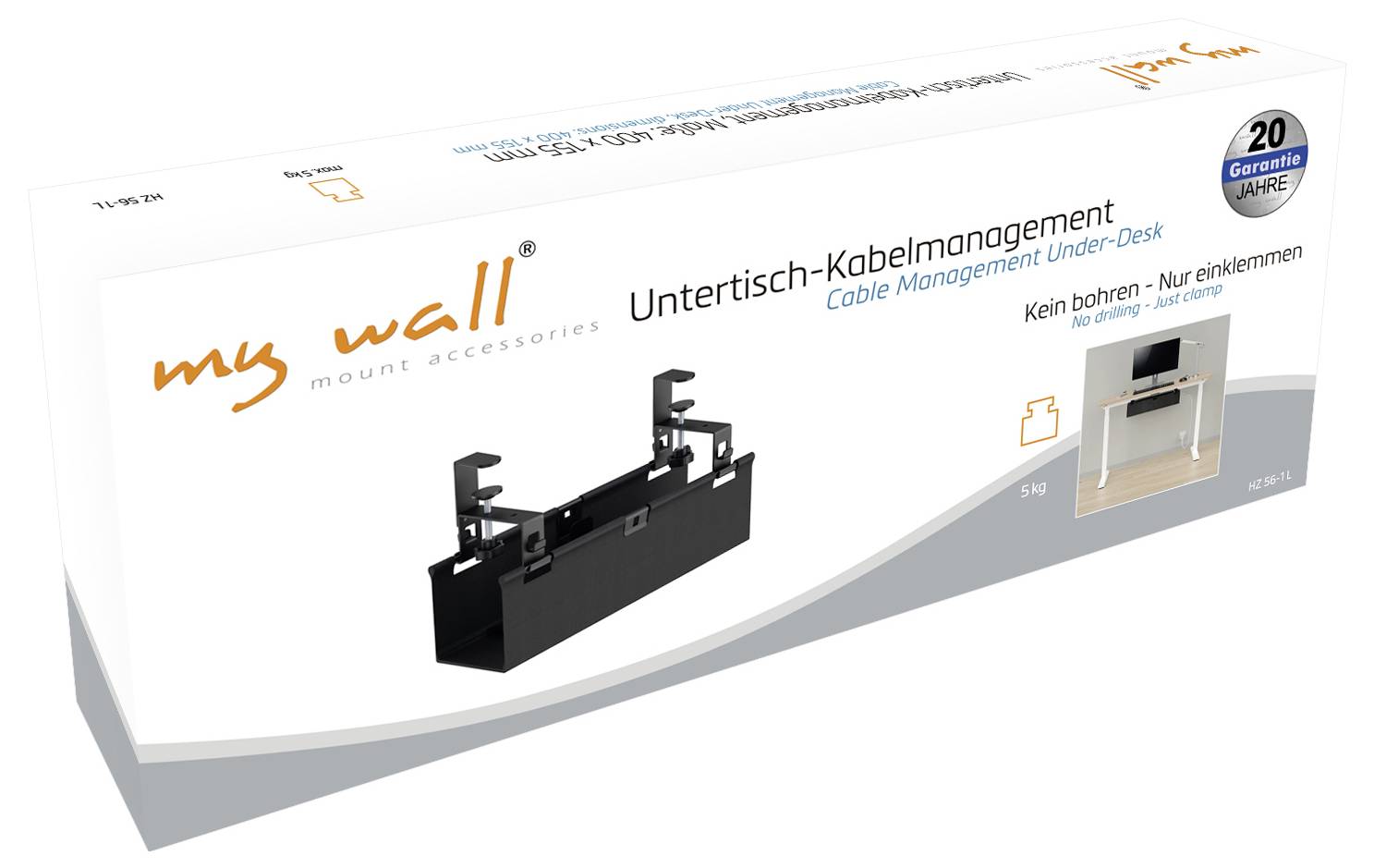 Emballage d'une gestion de câbles noire sous bureau 'Under Desk' de my wall avec image du produit et indication 'Pas de perçage – Serrage uniquement'.