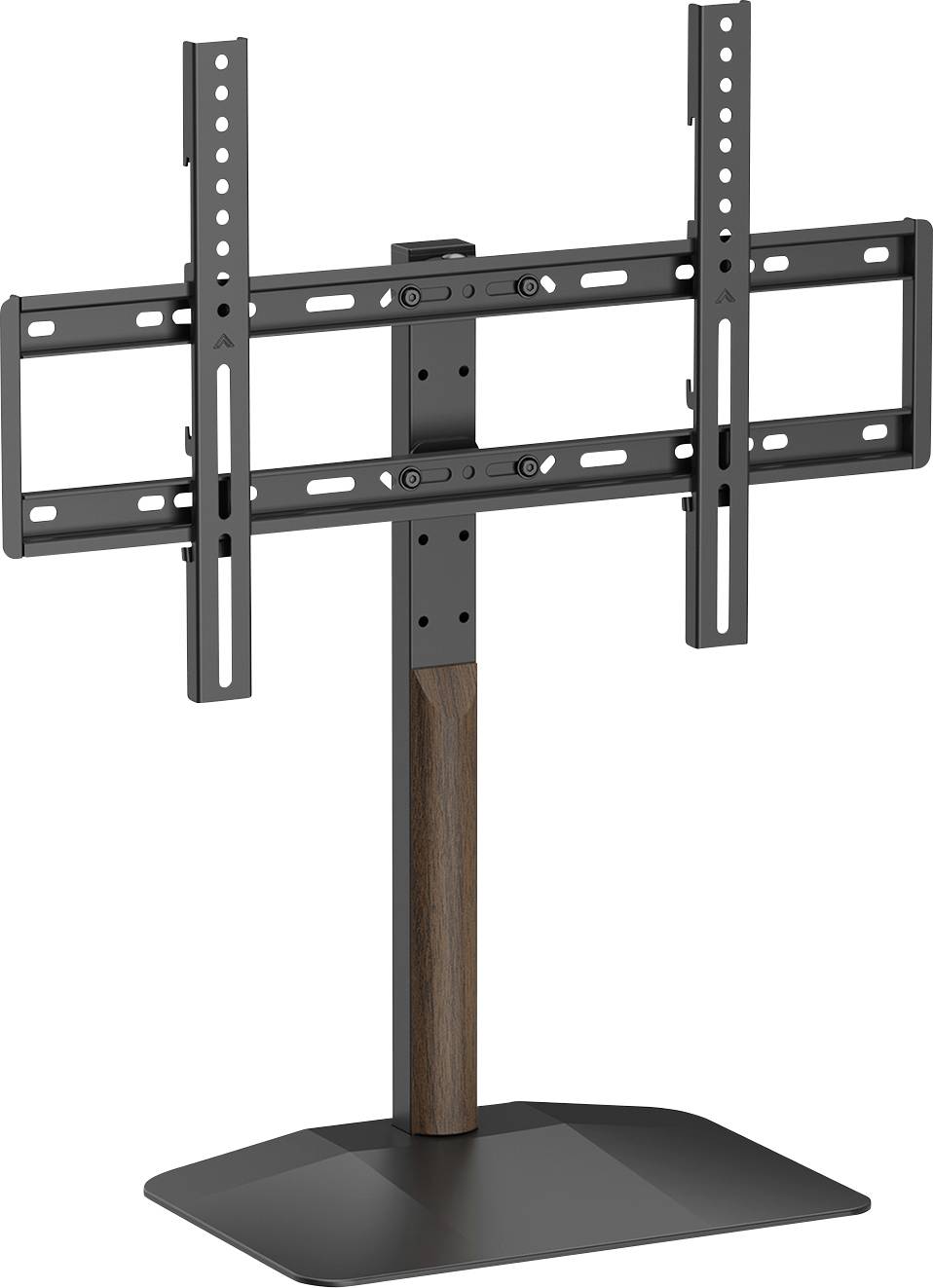 Support de téléviseur réglable avec base en métal noir, colonne aspect bois et supports de montage verticaux doubles pour le montage d'écrans plats.