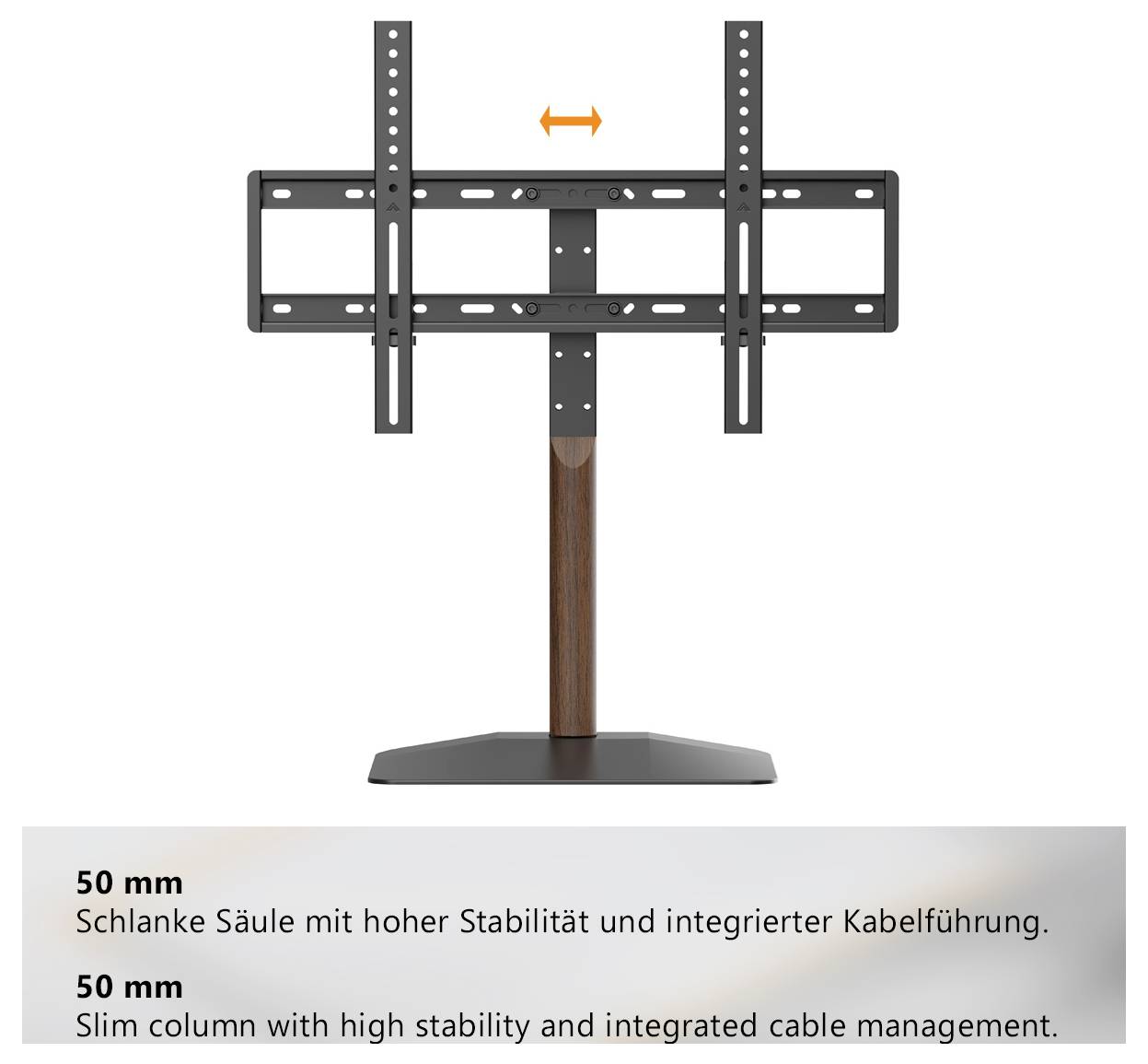 Pied de support TV avec fixation noire, colonne en bois et large base ; le texte mentionne 50 mm, une haute stabilité et un système de gestion des câbles intégré.