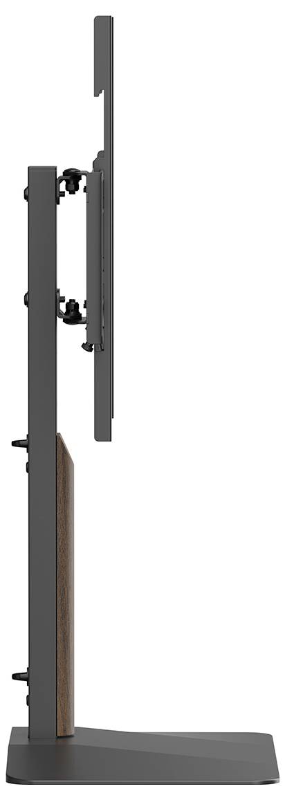 Vue latérale d'un support de moniteur noir réglable avec un bras vertical élevé et une base large, présenté avec un écran monté