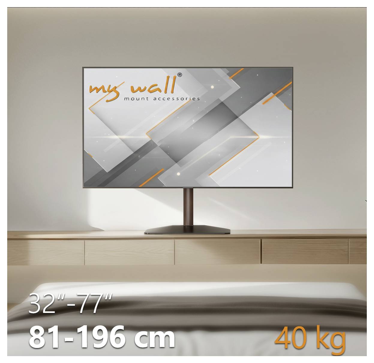 Téléviseur sur pied avec graphique « Mes accessoires de support mural » ; supporte 32-77 pouces, 81-196 cm, et jusqu'à 40 kg.