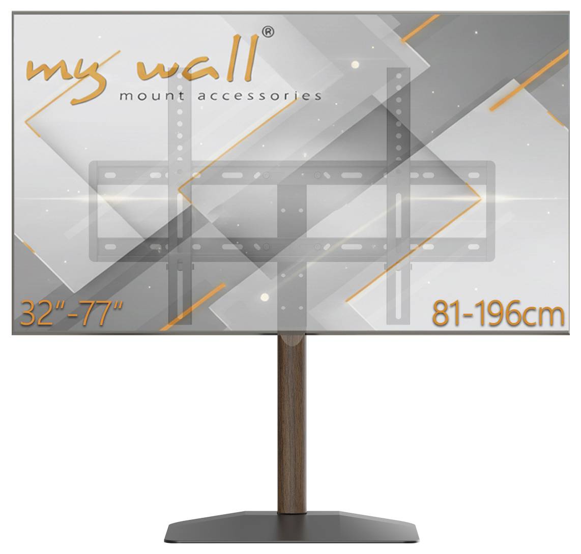 Image produit d'un accessoire de support TV My Wall sur un socle, étiqueté pour les téléviseurs 32'-77' et compatible 81-196cm.