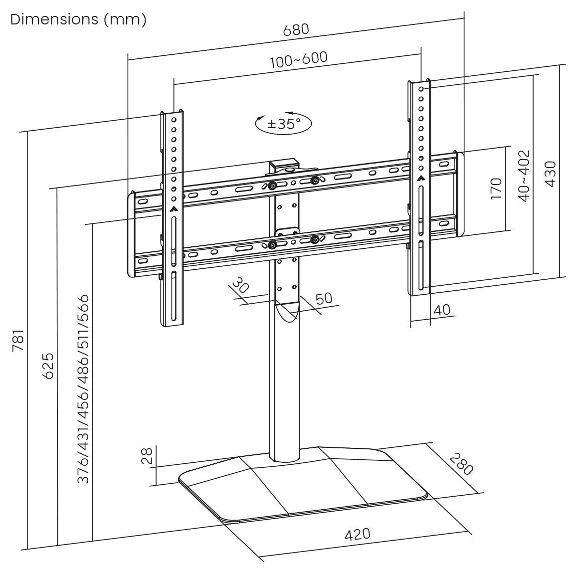 Schéma technique d'un support de sol pour téléviseur avec bras de montage réglable, indiquant les dimensions en millimètres, inclinaison '+35°', et les plages de taille d'écran/hauteur.