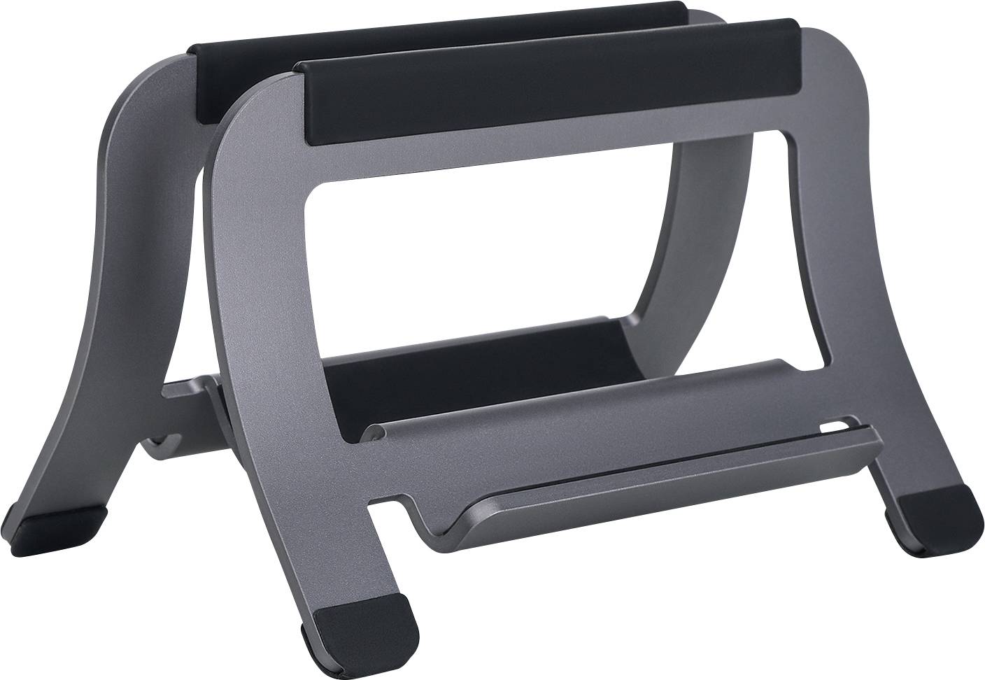 Support d'ordinateur portable pliable gris avec poignées en caoutchouc noir, montré ouvert sur fond blanc.