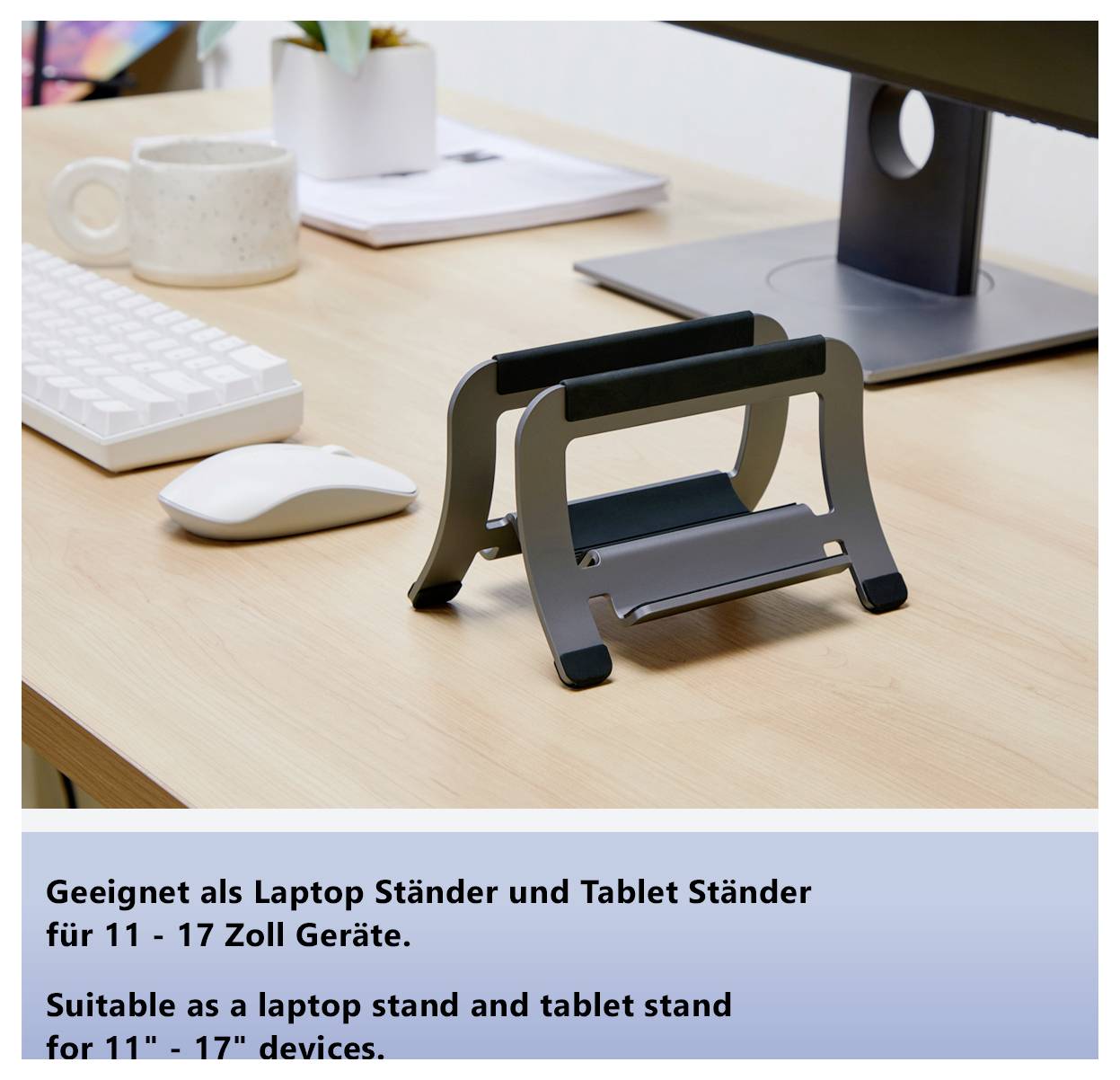 Support pour ordinateur portable et tablette sur un bureau ; texte : « Convient comme support pour ordinateur portable et support pour tablette pour appareils de 11 à 17 pouces. »