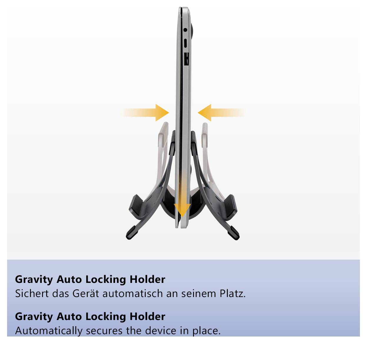 Support de téléphone intelligent triple avec flèches orange; le verrouillage automatique maintient l'appareil en place. Texte: « Gravity Auto Locking Holder » et « Sécurise automatiquement l'appareil en place ».