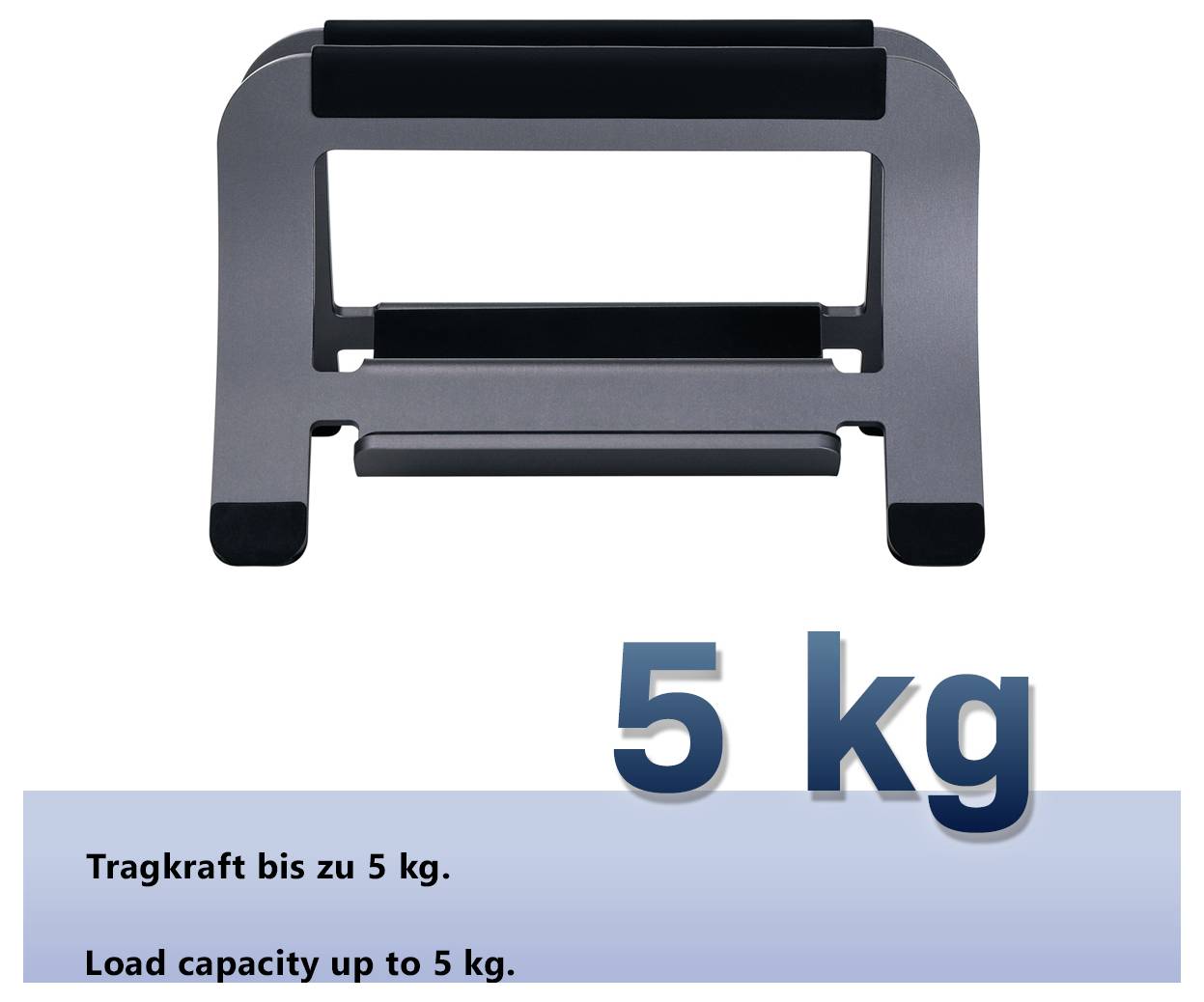 Image produit d'un support noir avec l'indication « 5 kg » ; en bas est écrit « Capacité de charge jusqu'à 5 kg. » et « Load capacity up to 5 kg. »