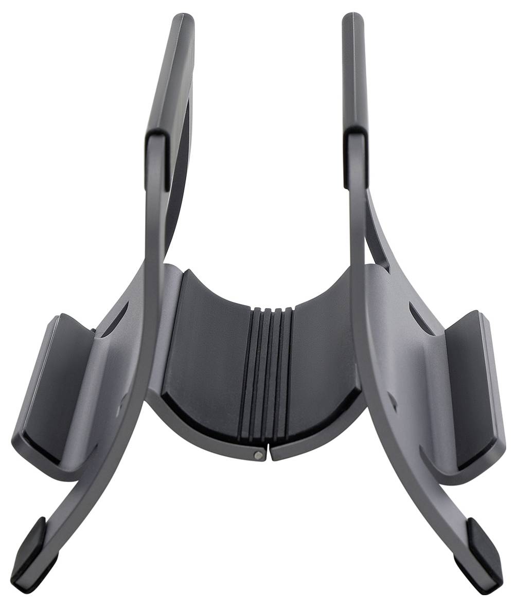 Support de tablette ou d'ordinateur portable pliable en plastique noir montré ouvert sur fond blanc.