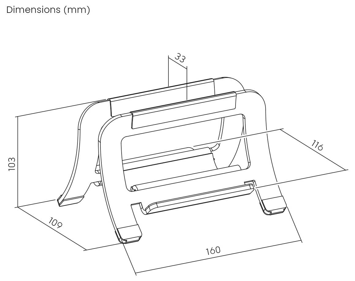 Dessin technique d'un support/porte-objet avec dimensions en mm : 160 de largeur, 109 de profondeur, 103 de hauteur et 33 de largeur supérieure.
