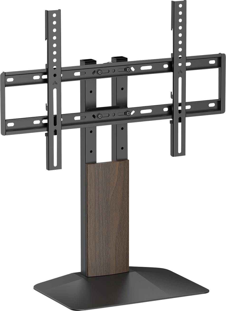 Socle de téléviseur noir ajustable avec deux rails de montage verticaux et une colonne centrale à finition bois sur une base plate.