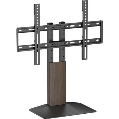 Socle de téléviseur noir ajustable avec deux rails de montage verticaux et une colonne centrale à finition bois sur une base plate.