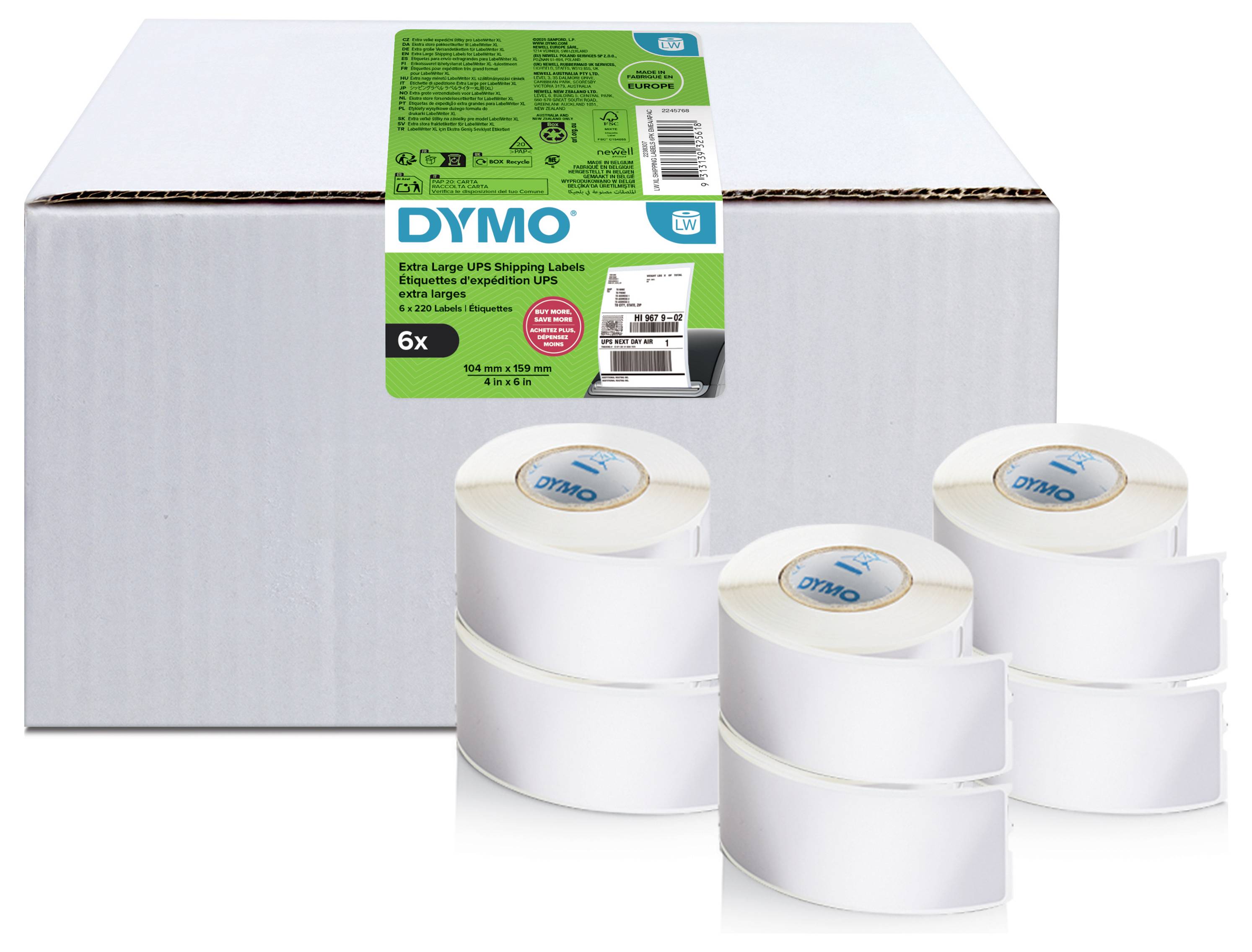 Boîte d'étiquettes d'expédition UPS extra large DYMO avec six rouleaux affichés en façade